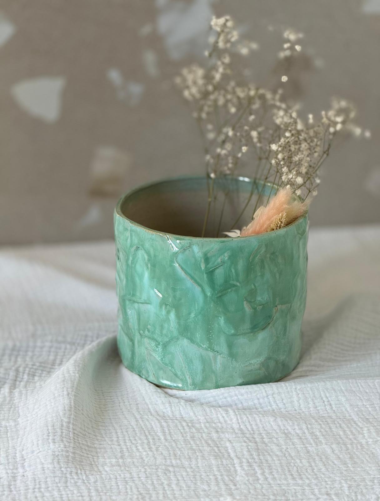 Cache pot en grès & kurniuki Vert Minéral - taille medium