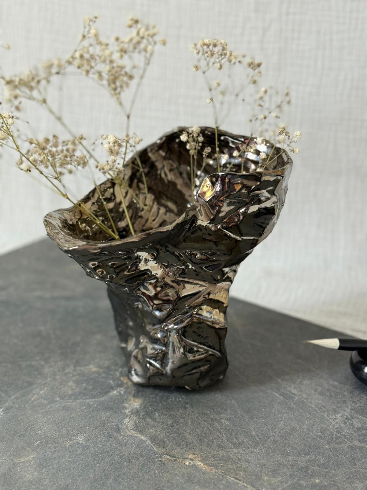 Vase Kurinuki Métallique Miroir Organique N°1 - Pièce Unique