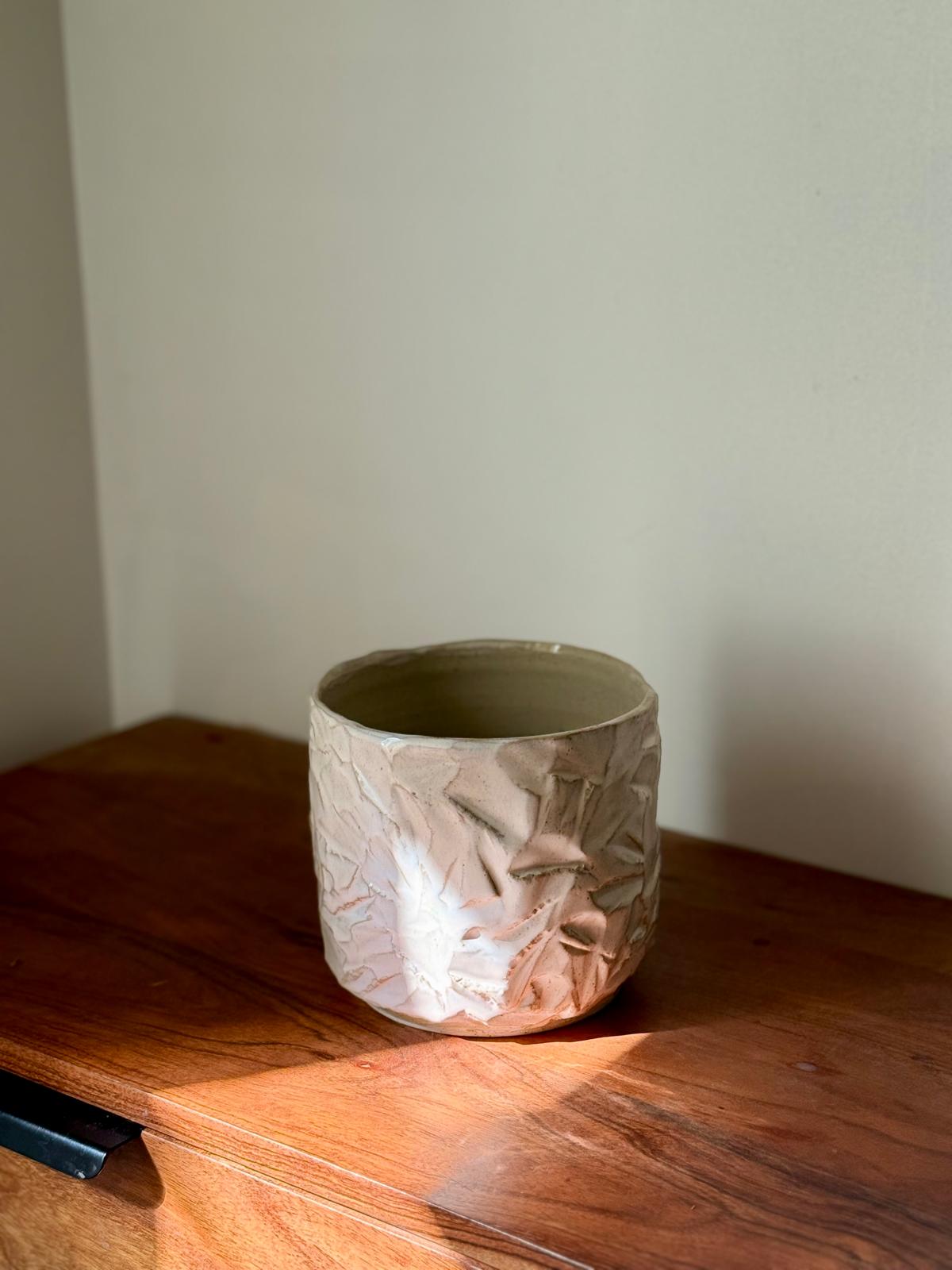 Cache-pot grès & kurinuki rose poudré - taille S