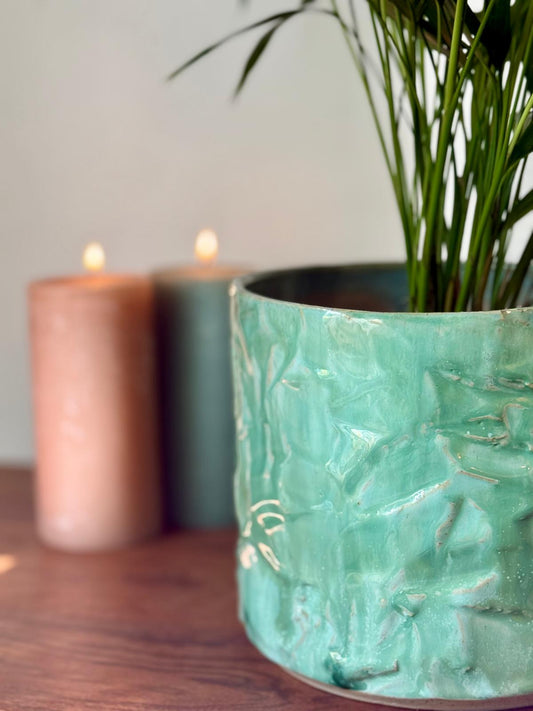 Cache pot en grès & kurniuki Vert Minéral - taille medium