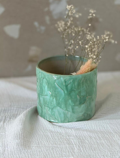 Cache pot en grès & kurniuki Vert Minéral - taille medium