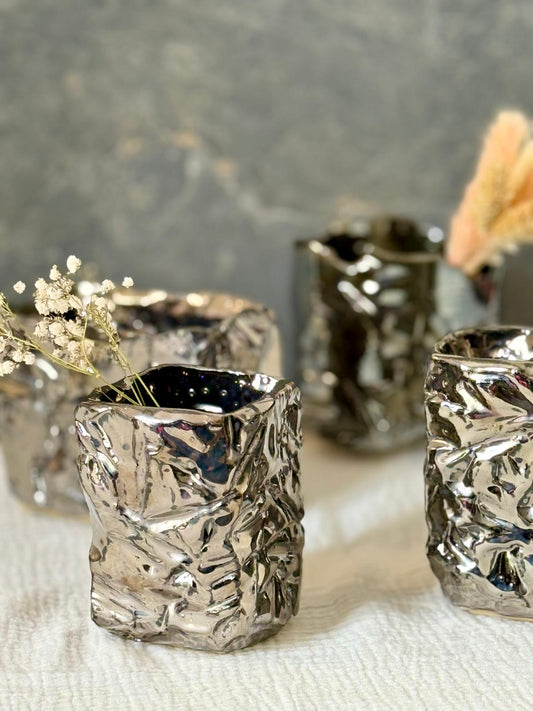 Vase Kurinuki Métallique Carré Eclat - pièce unique en grès