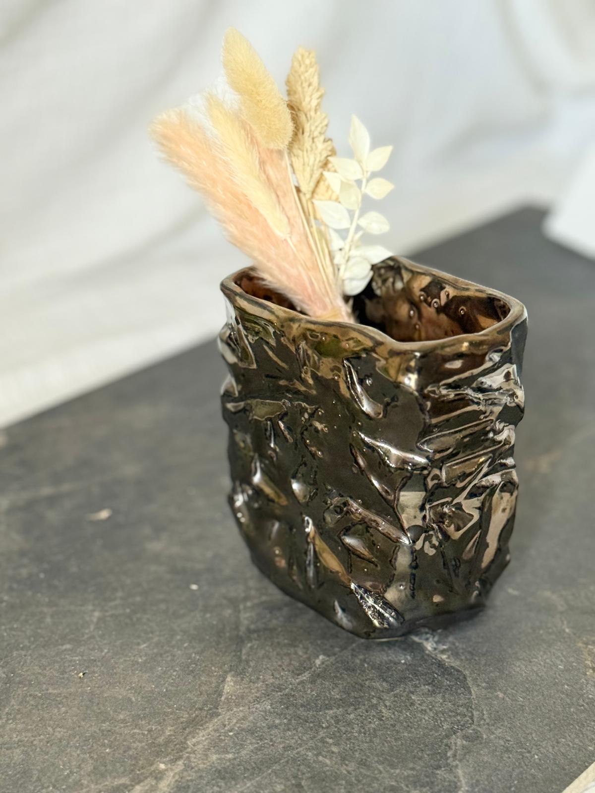 Vase Kurinuki Metallique Elancé Brut - Pièce Unique en grès