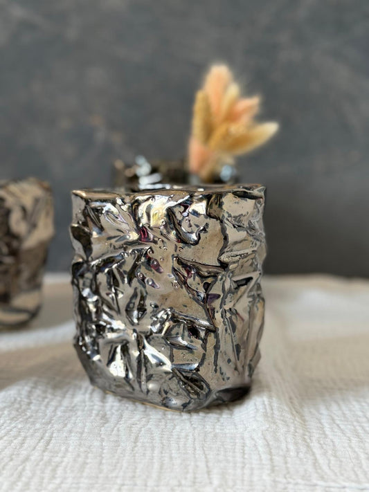 Vase Kurinuki Metallique Elancé Brut - Pièce Unique en grès