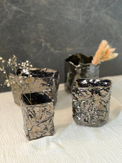 Vase Kurinuki Metallique Elancé Brut - Pièce Unique en grès