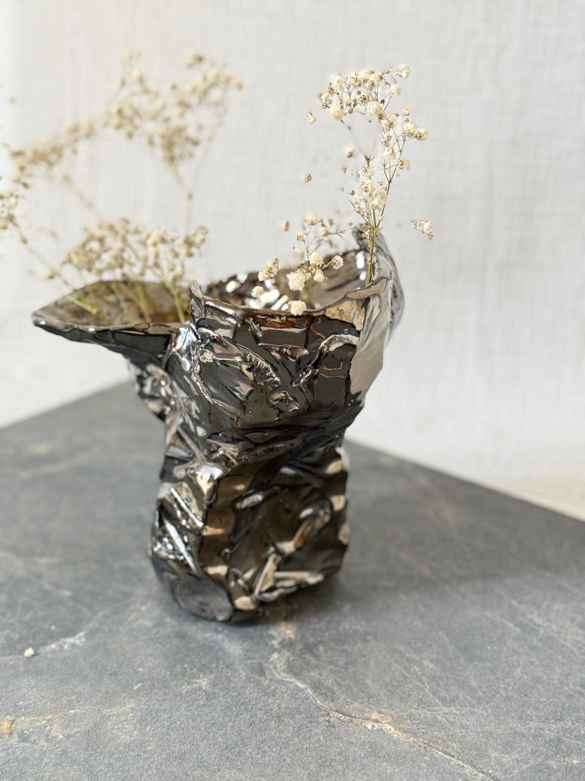 Vase Kurinuki Métallique Miroir Organique N°1 - Pièce Unique