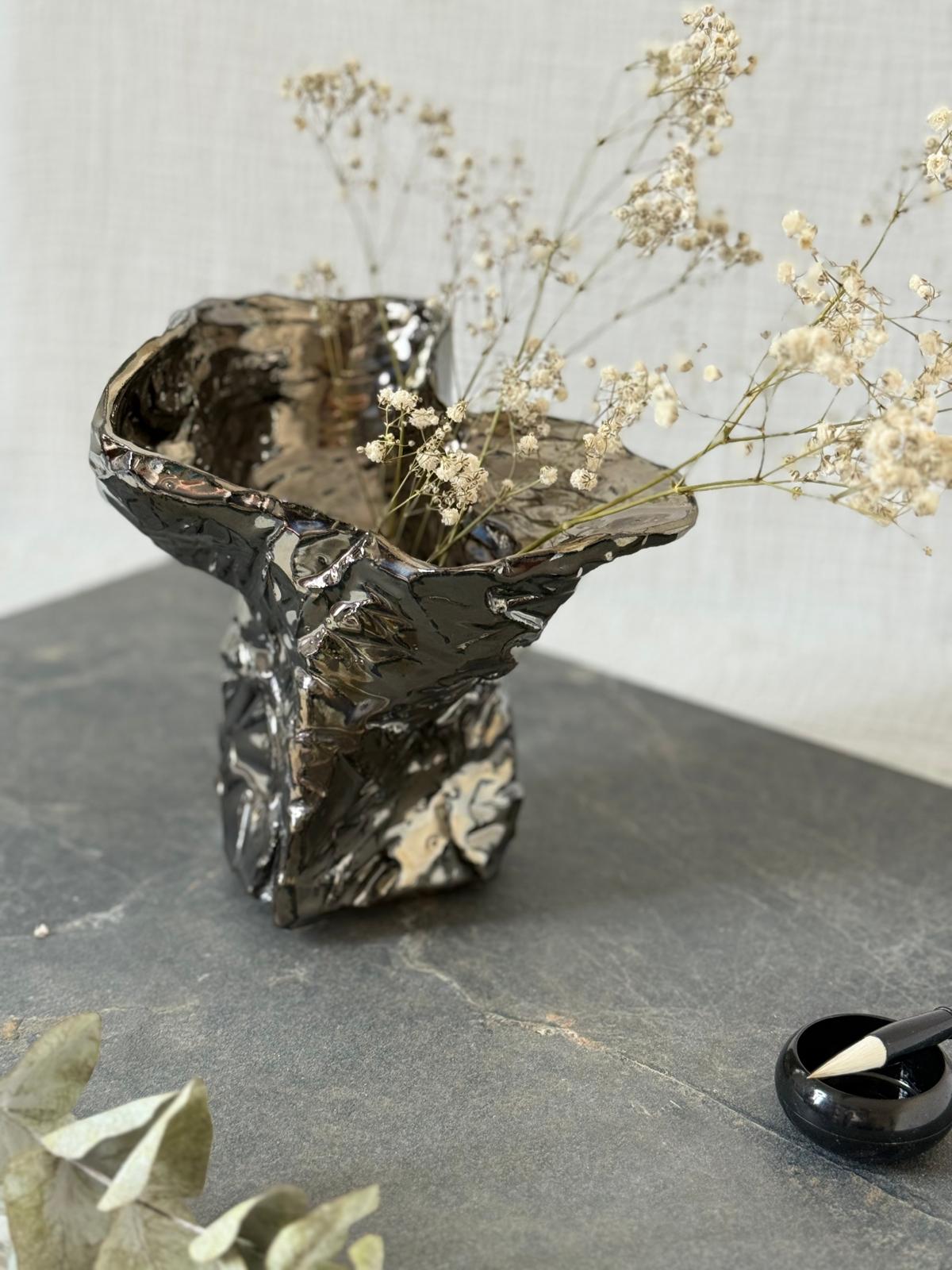 Vase Kurinuki Métallique Miroir Organique N°1 - Pièce Unique